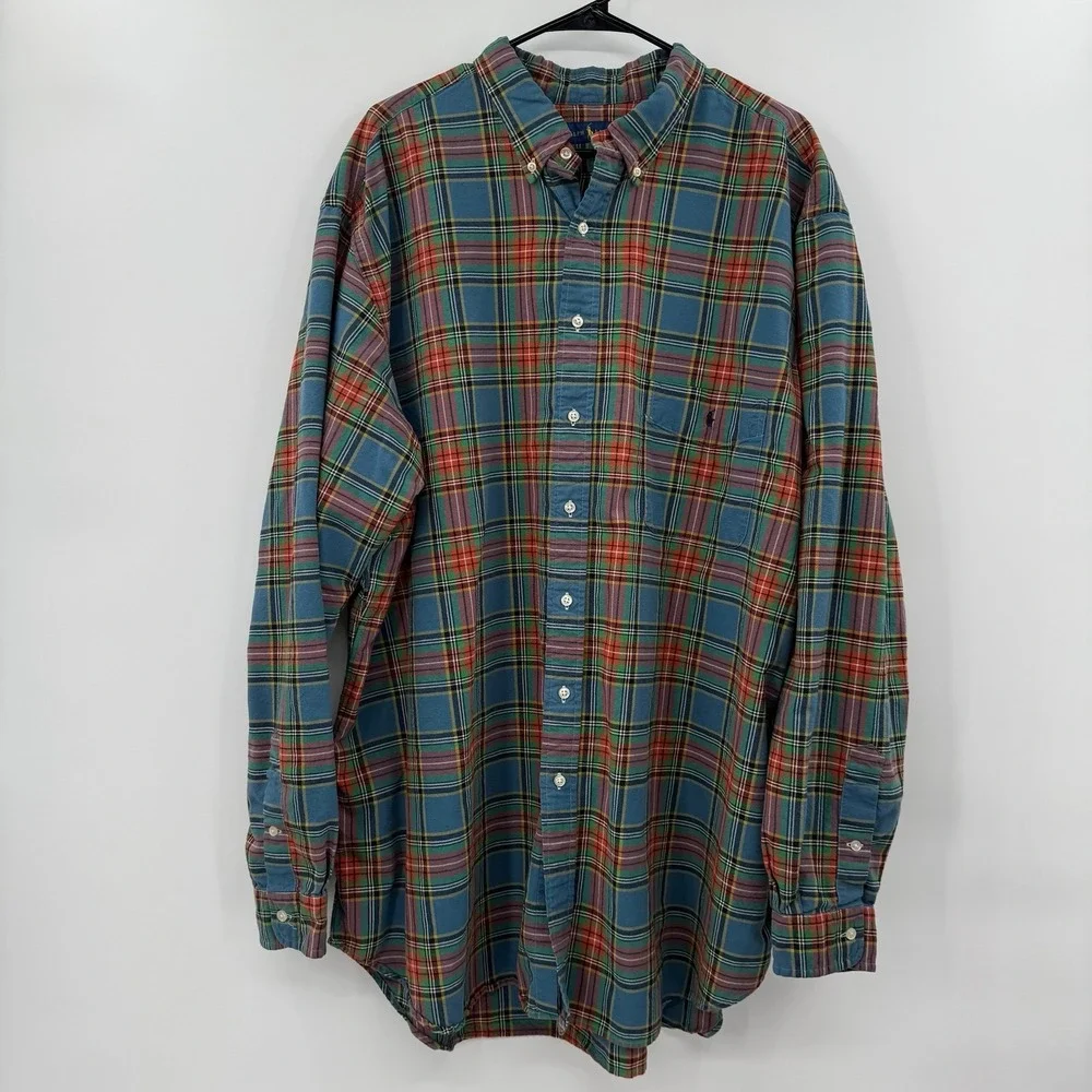 Polo Ralph Lauren Oxford Shirt 3XLT Tall Blue Red‎ Pony Tartan Mens